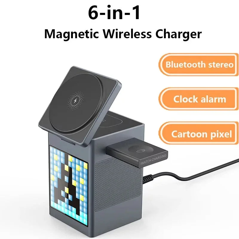 6-in-1 Magnetische Ladestation – Lautsprecher, Uhr & Schnelles Kabelloses Ladegerät
