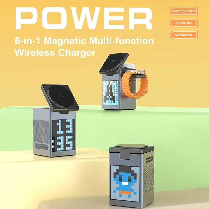 6-in-1 Magnetische Ladestation – Lautsprecher, Uhr & Schnelles Kabelloses Ladegerät