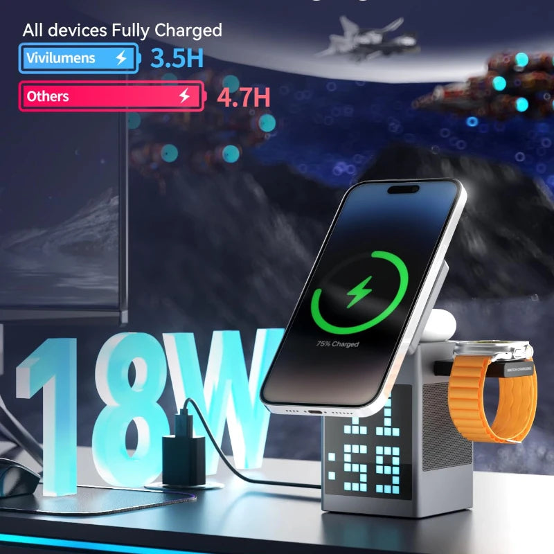 6-in-1 Magnetic Charging Dock – Speaker, Clock & Fast Wireless Charger